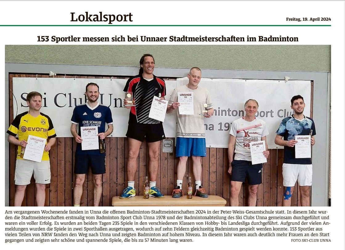 Zeitungsausschnitt zu den Badminton-Stadtmeisterschaften 2024